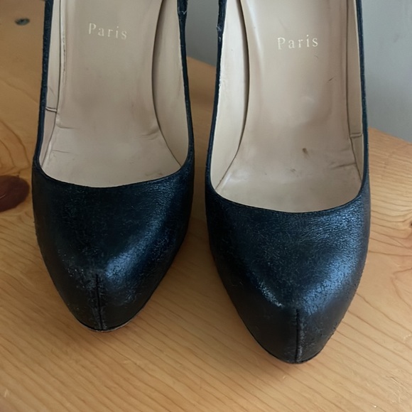 Christian Louboutin Black Textured Leather Red Bottom High Heel Platform Pumps - Picture 13 of 14